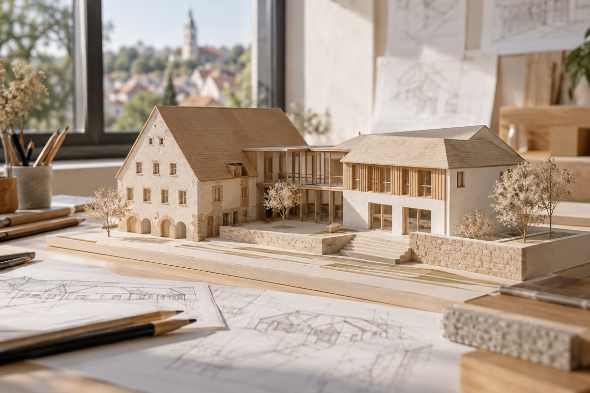 Backnang: KI-Illustration eines Architekturmodells für Umnutzung und Sanierung