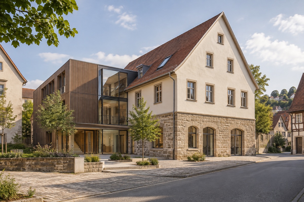 Backnang: KI-Architekturvisualisierung einer möglichen Umsetzung für Umnutzung und Sanierung