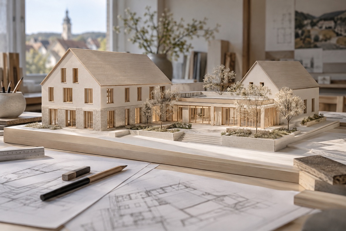 Bad Mergentheim: KI-Illustration eines Architekturmodells für Sanierung und Praxisplanung