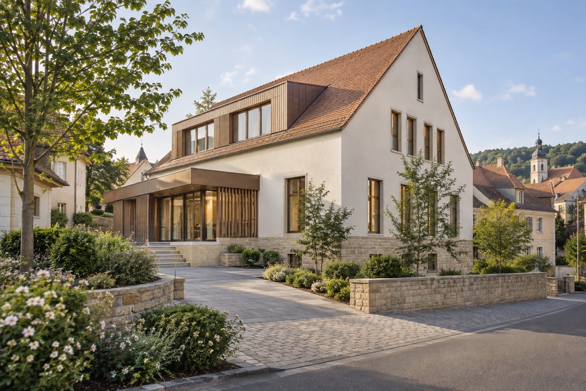 Bad Mergentheim: KI-Architekturvisualisierung einer möglichen Umsetzung für Sanierung und Praxisplanung