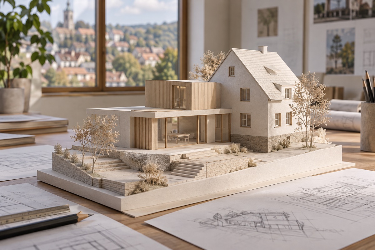 Bietigheim-Bissingen – Bietigheim-Bissingen: KI-Illustration eines Architekturmodells für Umbau, Erweiterung und Neubau | Axel Maisenhelder Architekt Dipl.Ing.(FH), 01711291188 | Umbau, Anbau, Sanierung Bietigheim-Bissingen: KI-Illustration eines Architekturmodells für Umbau, Erweiterung und Neubau