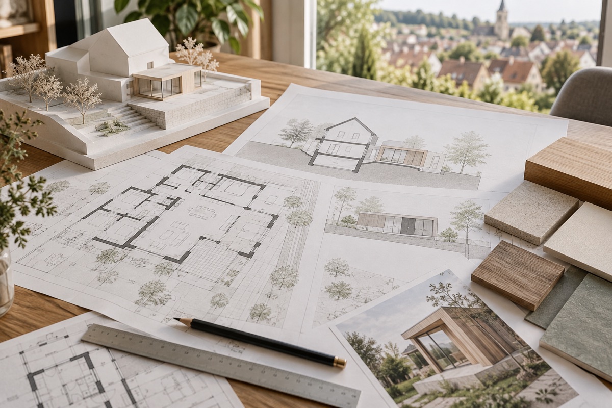 Bietigheim-Bissingen – Bietigheim-Bissingen: KI-Illustration von Bauplänen und Materialmustern für Umbau, Erweiterung und Neubau | Axel Maisenhelder Architekt Dipl.Ing.(FH), 01711291188 | Umbau, Anbau, Sanierung Bietigheim-Bissingen: KI-Illustration von Bauplänen und Materialmustern für Umbau, Erweiterung und Neubau