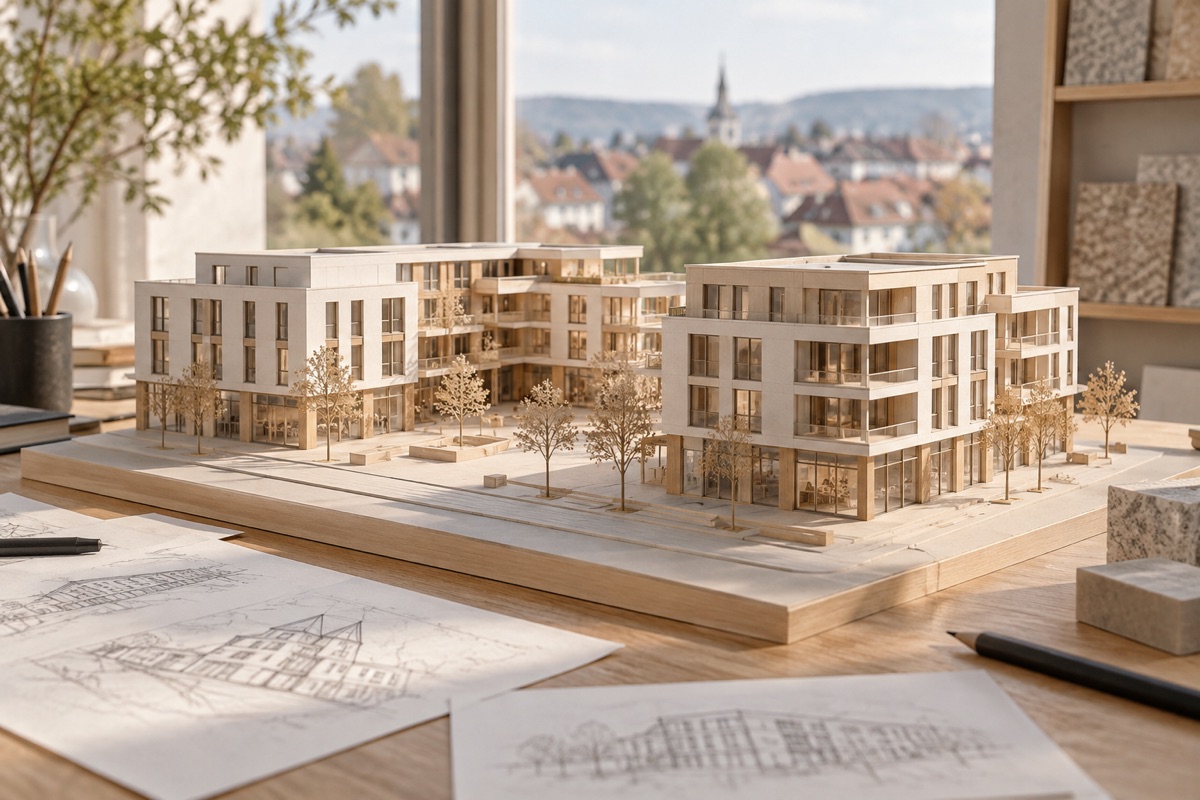 Böblingen: KI-Illustration eines Architekturmodells für Wohn- und Geschäftshäuser