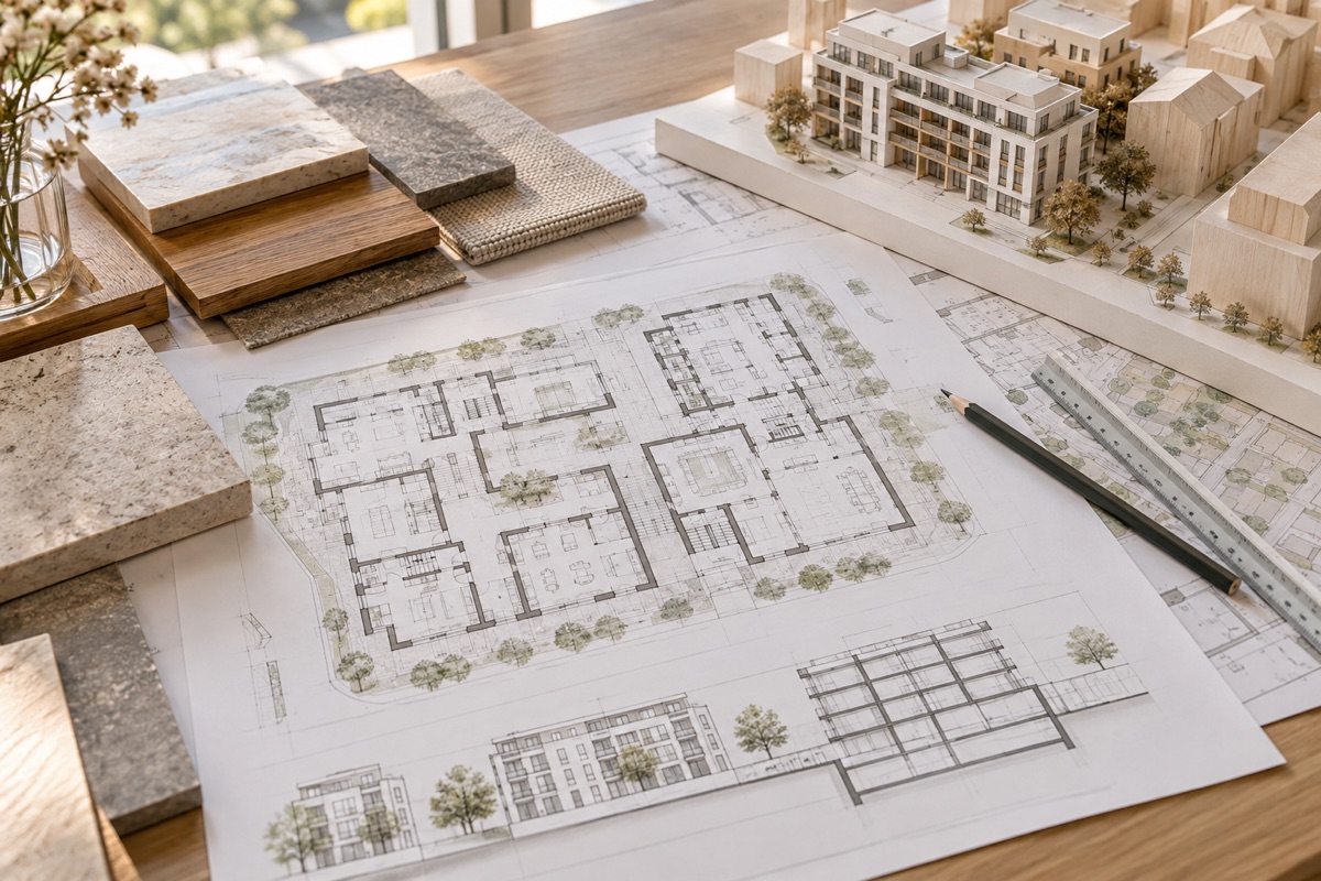 Böblingen: KI-Illustration von Bauplänen und Materialmustern für Wohn- und Geschäftshäuser