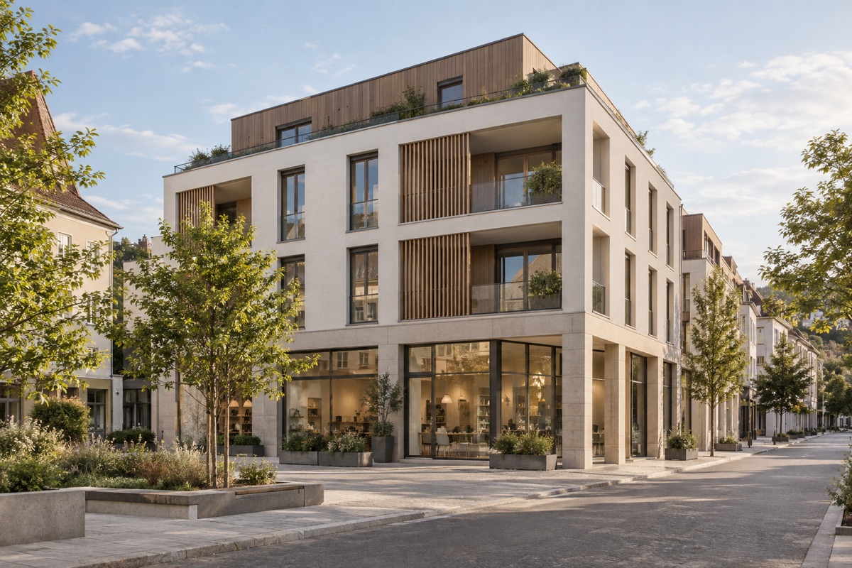Böblingen: KI-Architekturvisualisierung einer möglichen Umsetzung für Wohn- und Geschäftshäuser