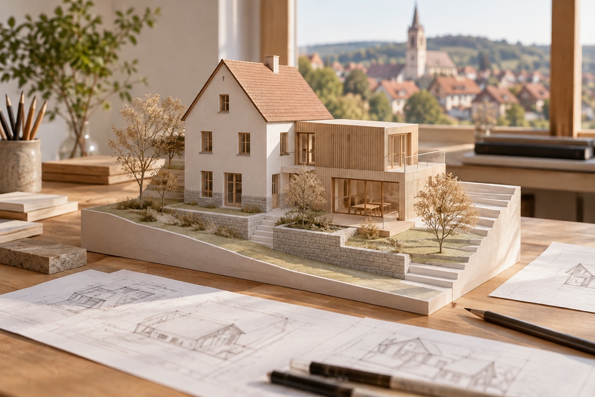Brackenheim: KI-Illustration eines Architekturmodells für Anbau, Aufstockung und Sanierung