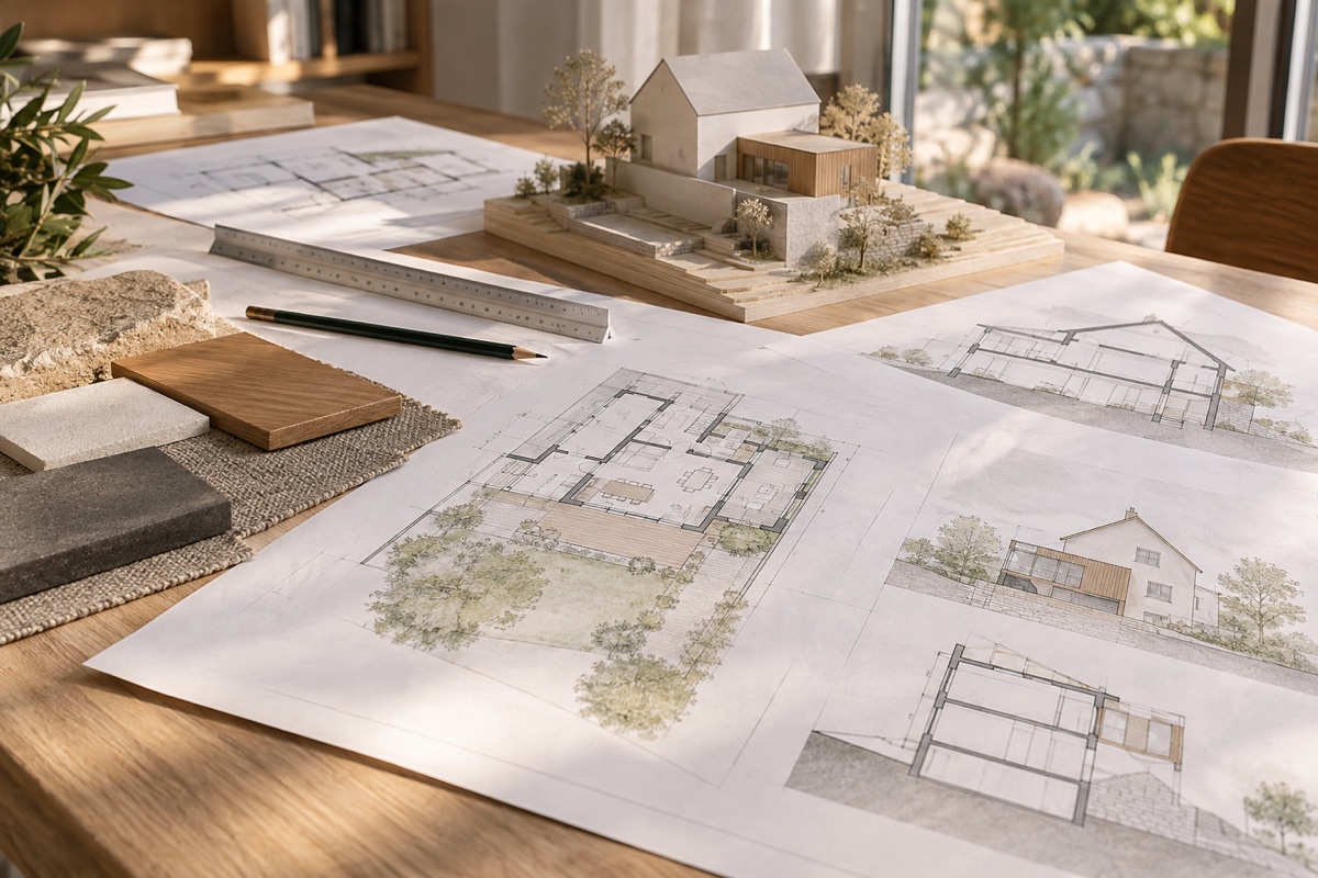 Brackenheim: KI-Illustration von Bauplänen und Materialmustern für Anbau, Aufstockung und Sanierung