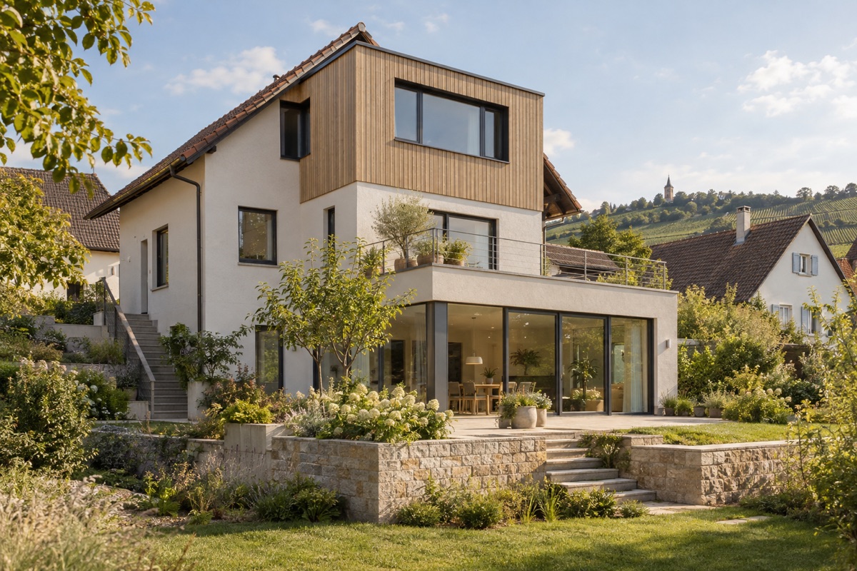 Brackenheim: KI-Architekturvisualisierung einer möglichen Umsetzung für Anbau, Aufstockung und Sanierung