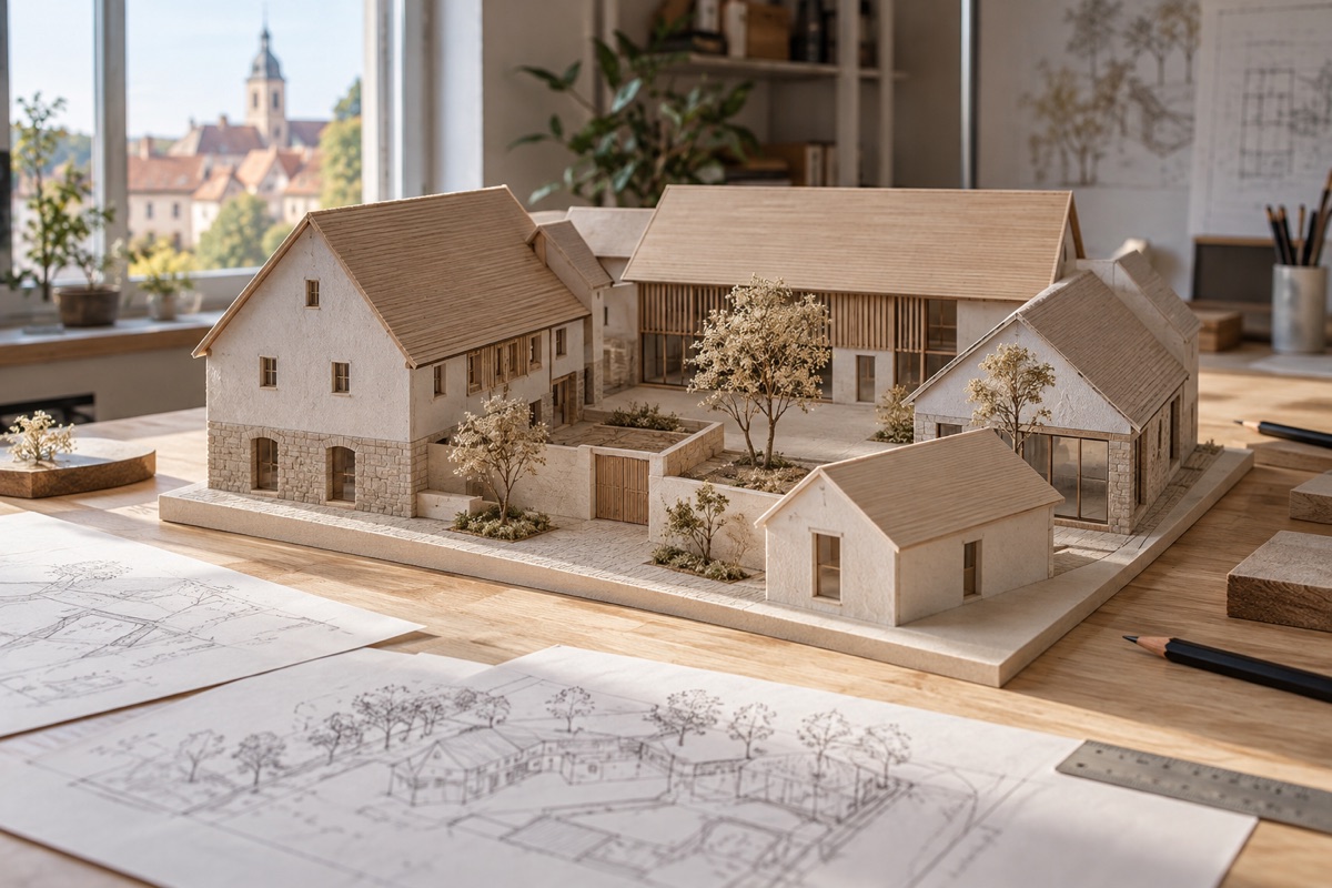 Bretten: KI-Illustration eines Architekturmodells für Hofumbau und Altbausanierung