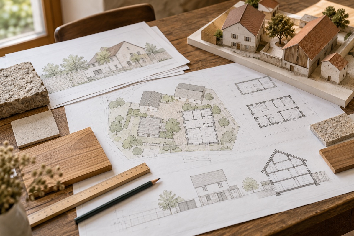 Bretten: KI-Illustration von Bauplänen und Materialmustern für Hofumbau und Altbausanierung