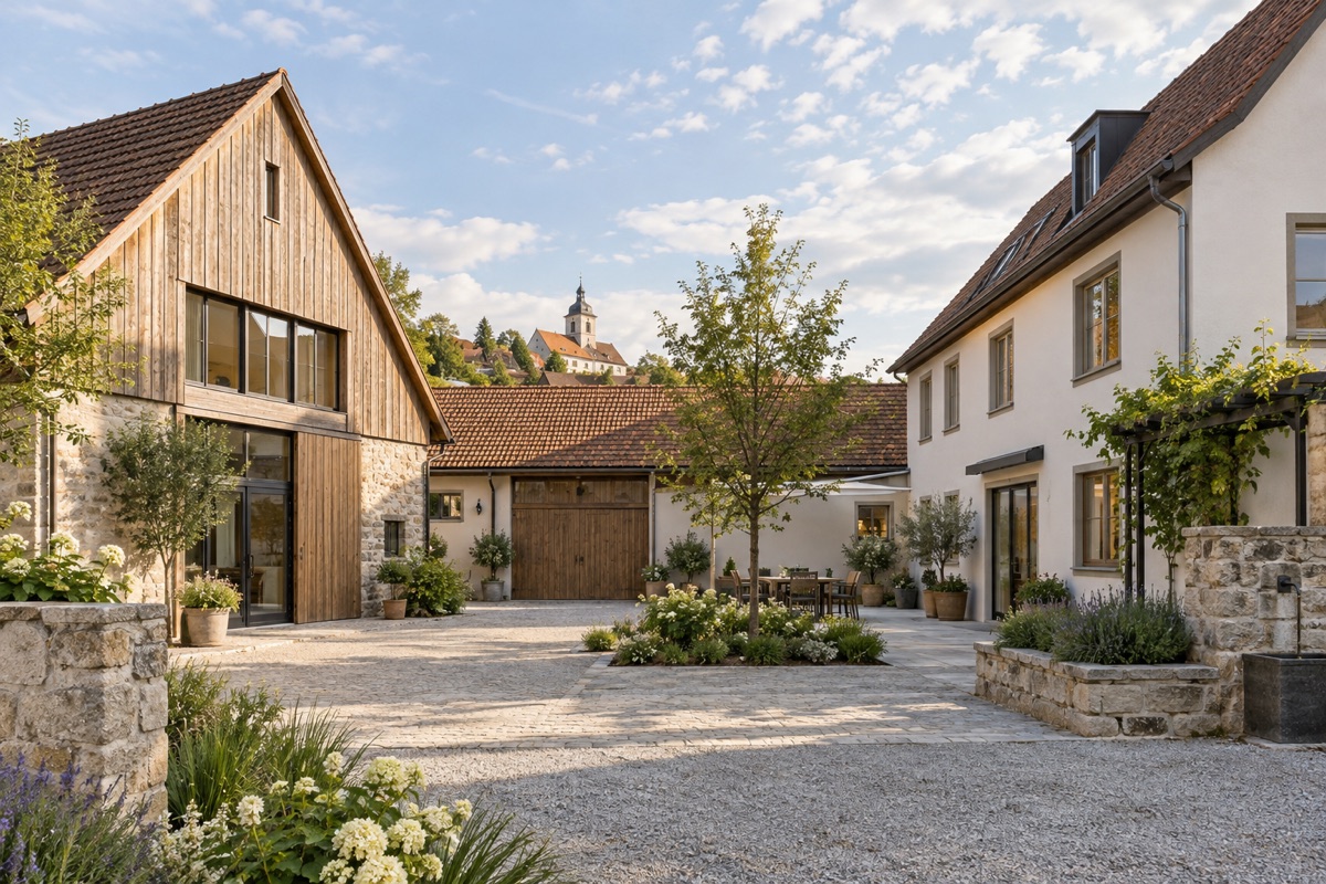 Bretten: KI-Architekturvisualisierung einer möglichen Umsetzung für Hofumbau und Altbausanierung