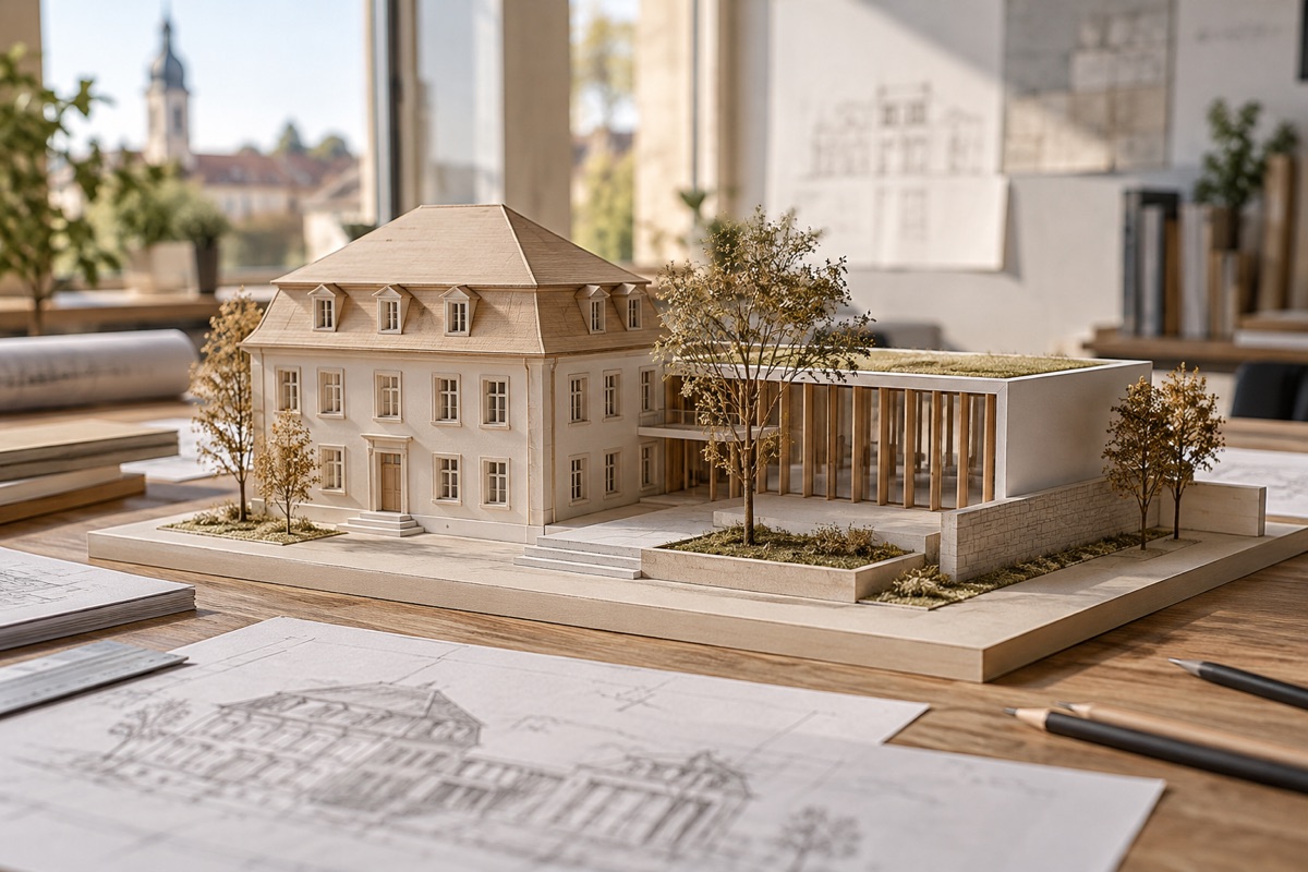 Bruchsal: KI-Illustration eines Architekturmodells für Neubau und Bestandserweiterung