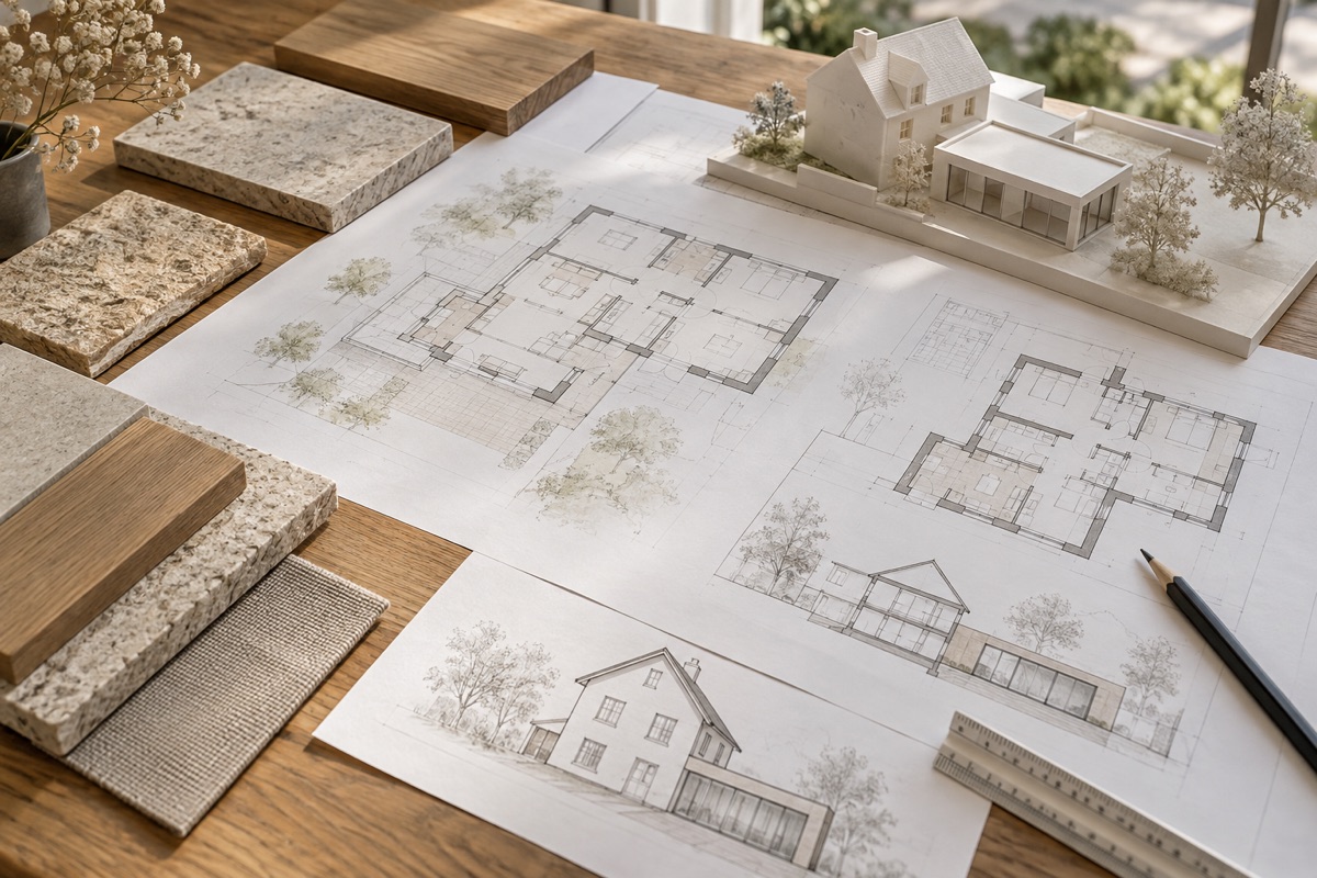 Bruchsal: KI-Illustration von Bauplänen und Materialmustern für Neubau und Bestandserweiterung
