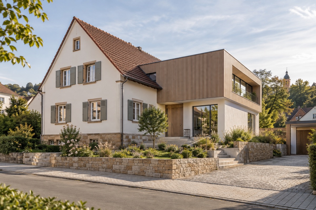 Bruchsal: KI-Architekturvisualisierung einer möglichen Umsetzung für Neubau und Bestandserweiterung