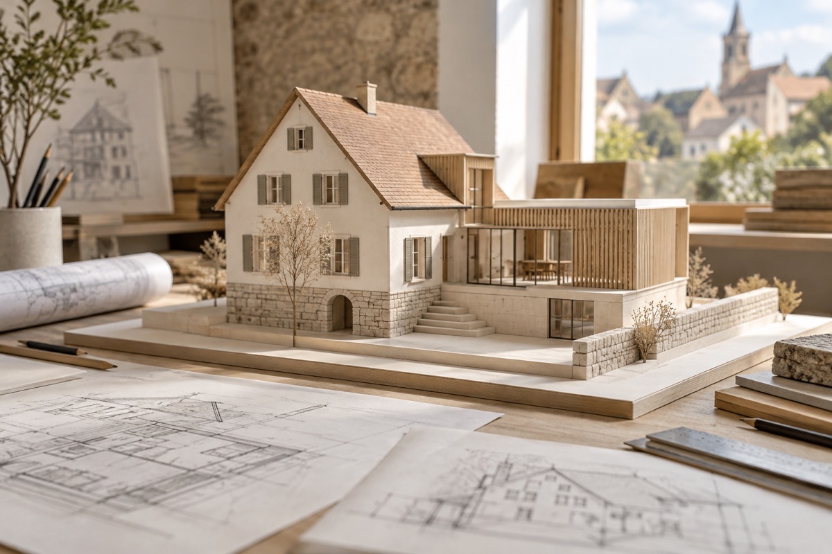 Eppingen: KI-Illustration eines Architekturmodells für Altbausanierung und Erweiterung
