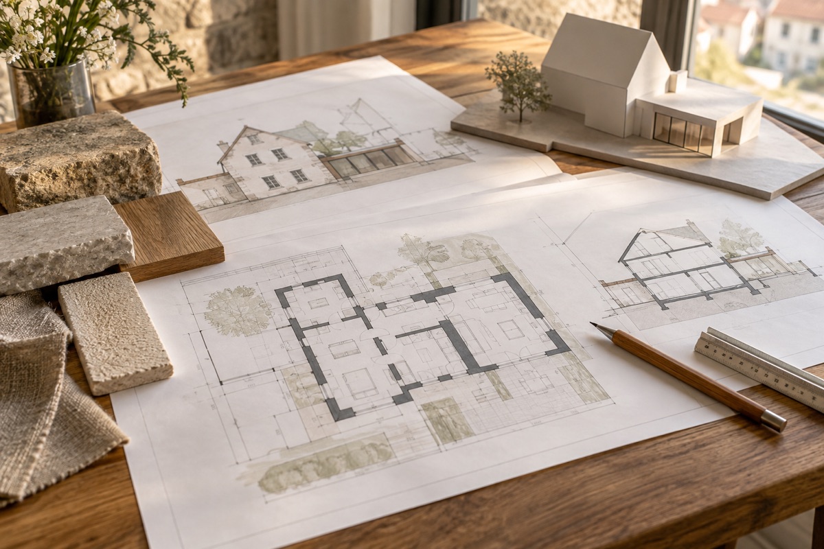 Eppingen: KI-Illustration von Bauplänen und Materialmustern für Altbausanierung und Erweiterung