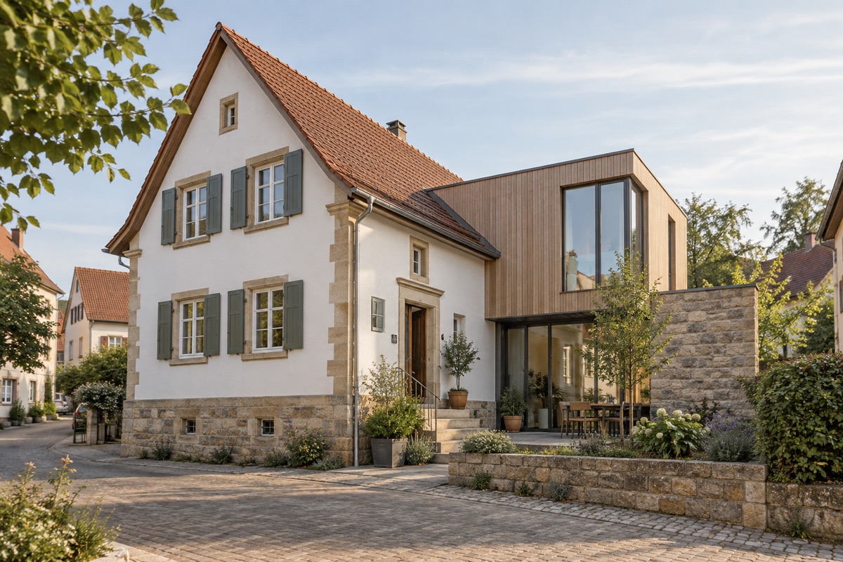Eppingen: KI-Architekturvisualisierung einer möglichen Umsetzung für Altbausanierung und Erweiterung