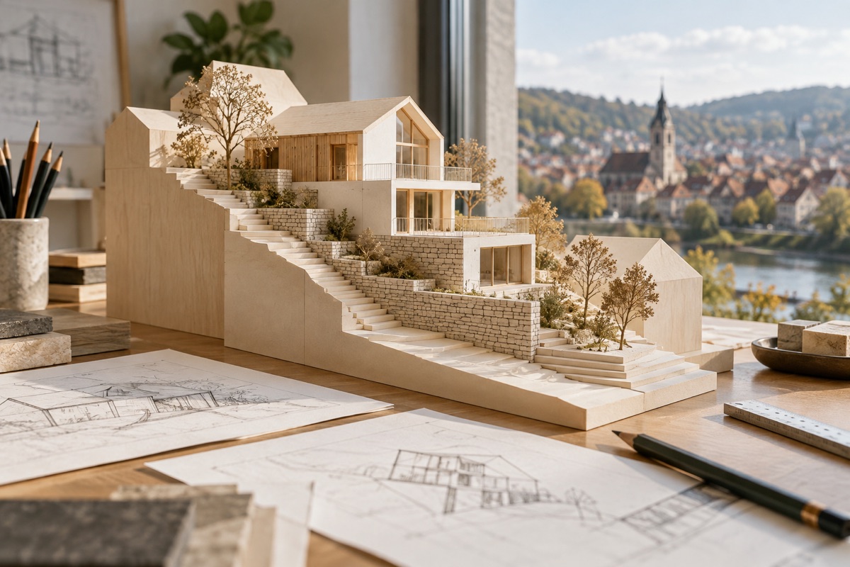 Esslingen am Neckar: KI-Illustration eines Architekturmodells für Sanierung und Bauen am Hang