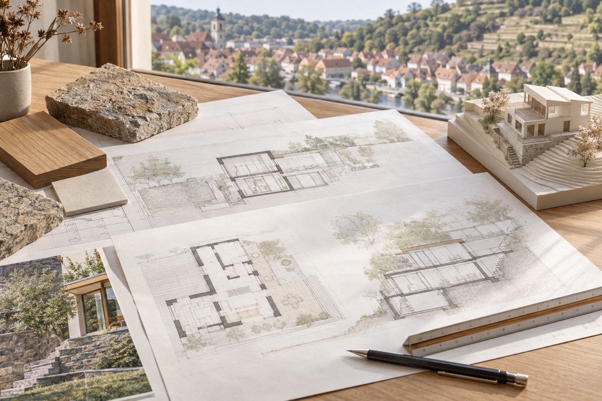 Esslingen am Neckar: KI-Illustration von Bauplänen und Materialmustern für Sanierung und Bauen am Hang