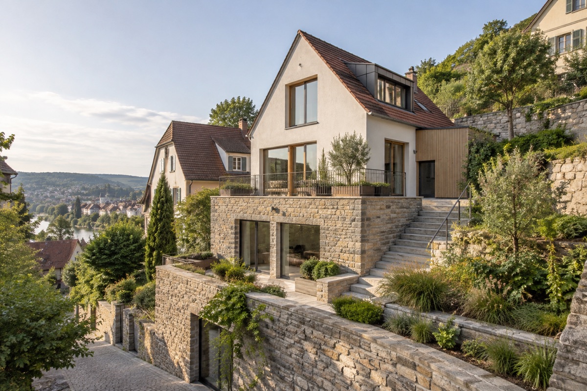 Esslingen am Neckar: KI-Architekturvisualisierung einer möglichen Umsetzung für Sanierung und Bauen am Hang