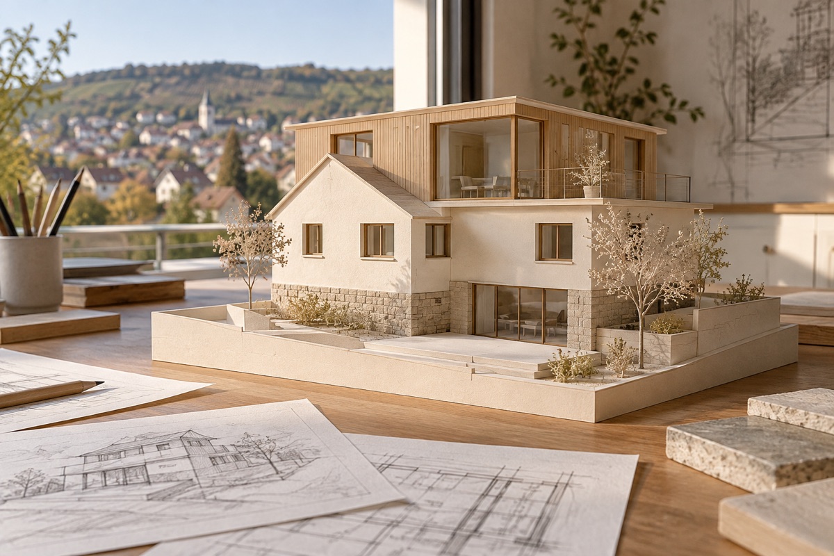 Fellbach: KI-Illustration eines Architekturmodells für Wohnhausplanung und Aufstockung