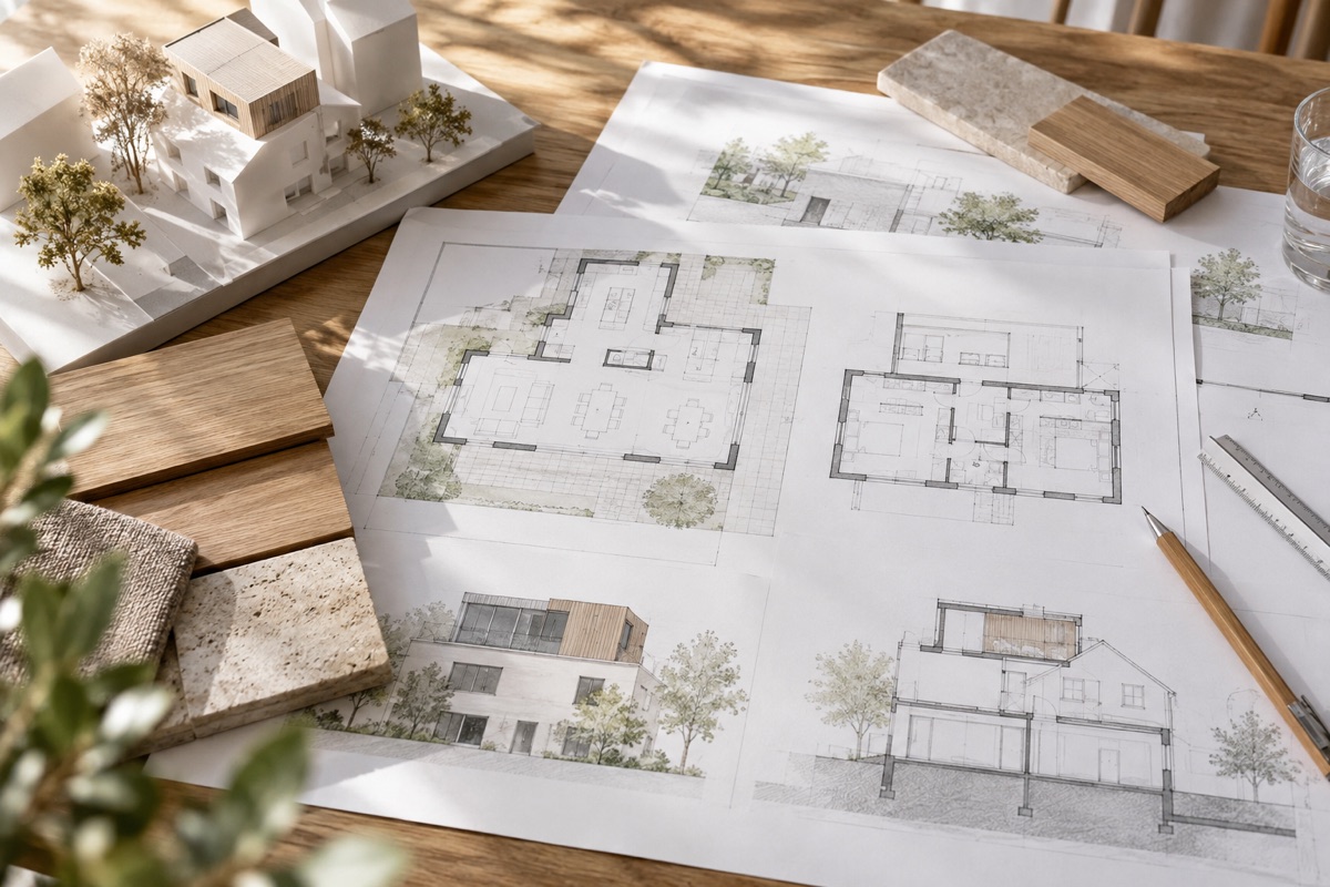 Fellbach: KI-Illustration von Bauplänen und Materialmustern für Wohnhausplanung und Aufstockung