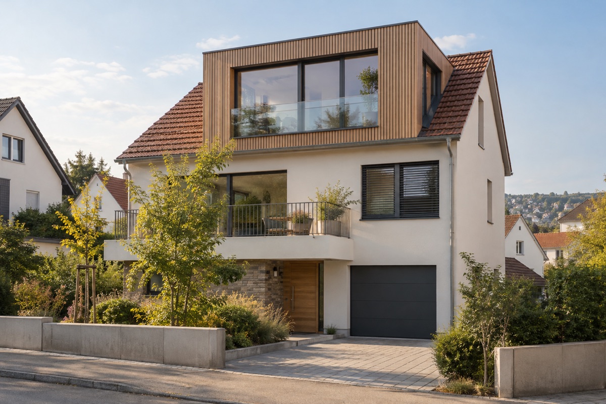 Fellbach: KI-Architekturvisualisierung einer möglichen Umsetzung für Wohnhausplanung und Aufstockung