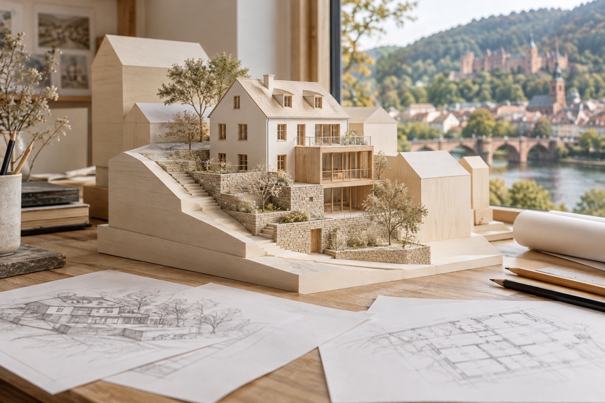 Heidelberg: KI-Illustration eines Architekturmodells für Wohnungsbau und Bestandssanierung