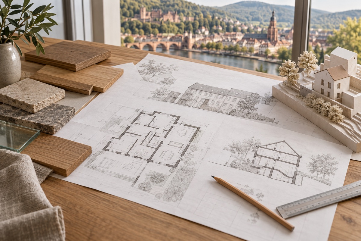 Heidelberg: KI-Illustration von Bauplänen und Materialmustern für Wohnungsbau und Bestandssanierung