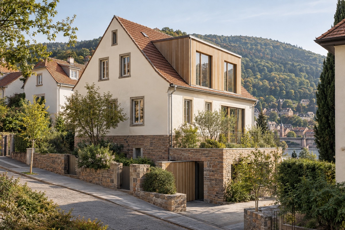 Heidelberg: KI-Architekturvisualisierung einer möglichen Umsetzung für Wohnungsbau und Bestandssanierung