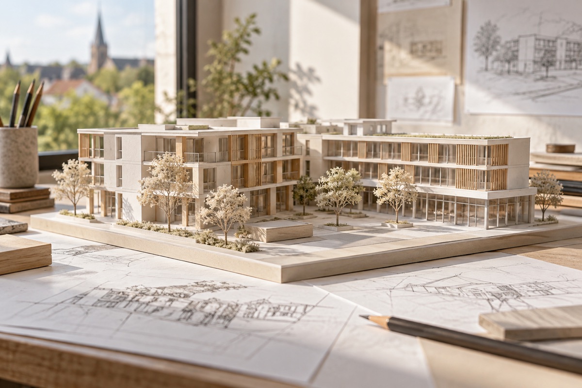 Hockenheim – Hockenheim: KI-Illustration eines Architekturmodells für Wohnungsbau und Gewerbeplanung | Axel Maisenhelder Architekt Dipl.Ing.(FH), 01711291188 | Umbau, Anbau, Sanierung Hockenheim: KI-Illustration eines Architekturmodells für Wohnungsbau und Gewerbeplanung