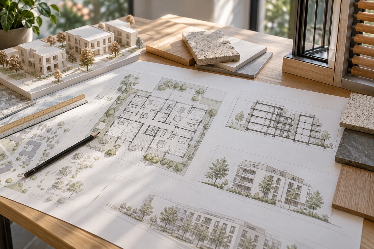 Hockenheim – Hockenheim: KI-Illustration von Bauplänen und Materialmustern für Wohnungsbau und Gewerbeplanung | Axel Maisenhelder Architekt Dipl.Ing.(FH), 01711291188 | Umbau, Anbau, Sanierung Hockenheim: KI-Illustration von Bauplänen und Materialmustern für Wohnungsbau und Gewerbeplanung