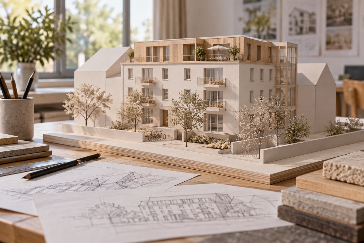Karlsruhe: KI-Illustration eines Architekturmodells für Wohnungsbau und Aufstockung