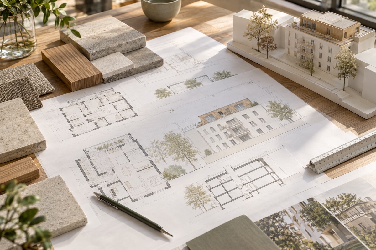 Karlsruhe: KI-Illustration von Bauplänen und Materialmustern für Wohnungsbau und Aufstockung