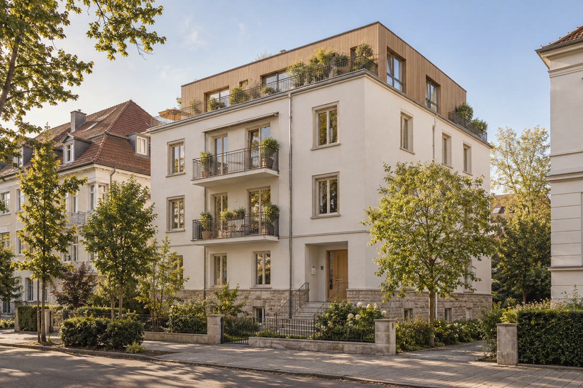 Karlsruhe: KI-Architekturvisualisierung einer möglichen Umsetzung für Wohnungsbau und Aufstockung