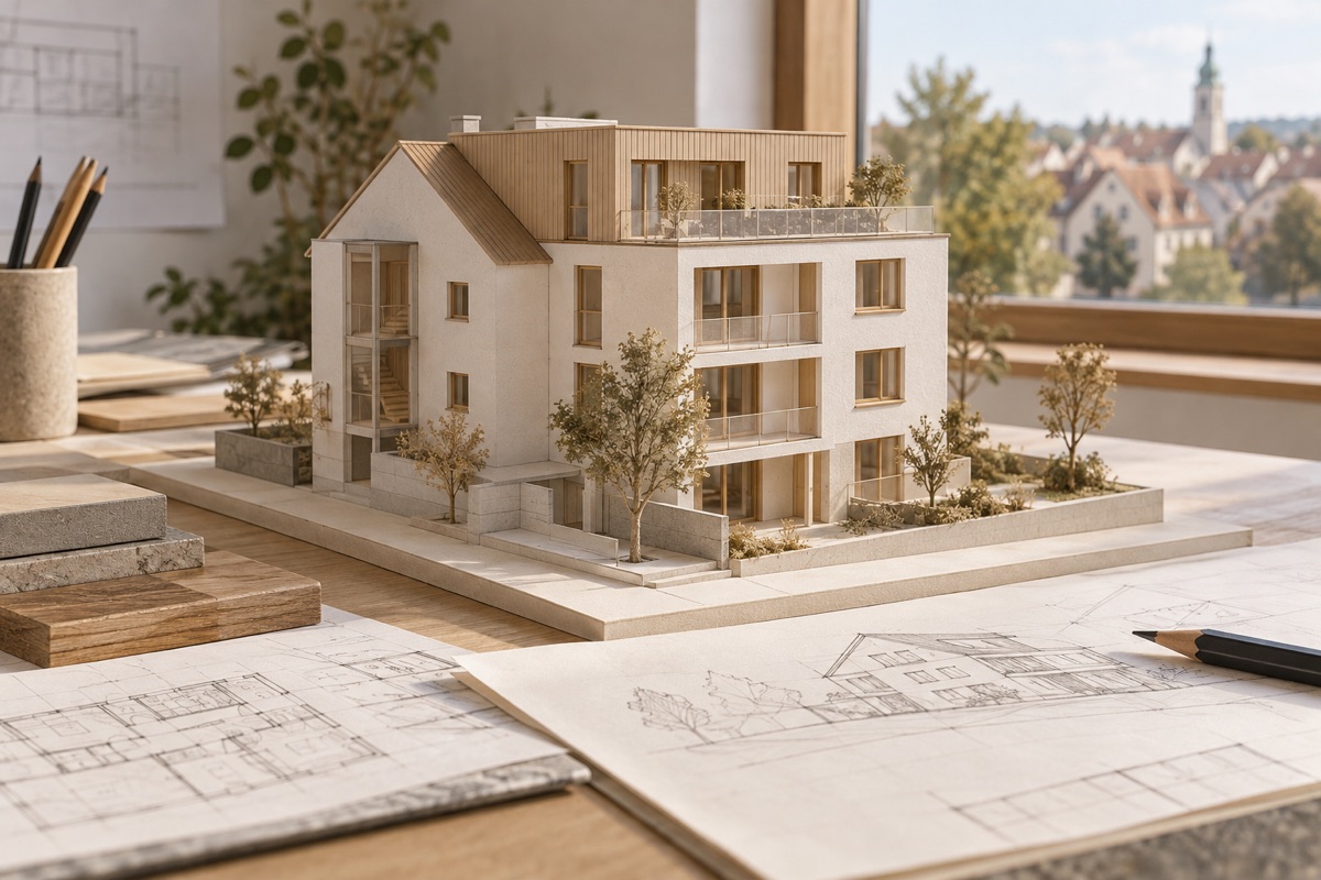 Kornwestheim – Kornwestheim: KI-Illustration eines Architekturmodells für Wohnungsbau und Aufstockung | Axel Maisenhelder Architekt Dipl.Ing.(FH), 01711291188 | Umbau, Anbau, Sanierung Kornwestheim: KI-Illustration eines Architekturmodells für Wohnungsbau und Aufstockung