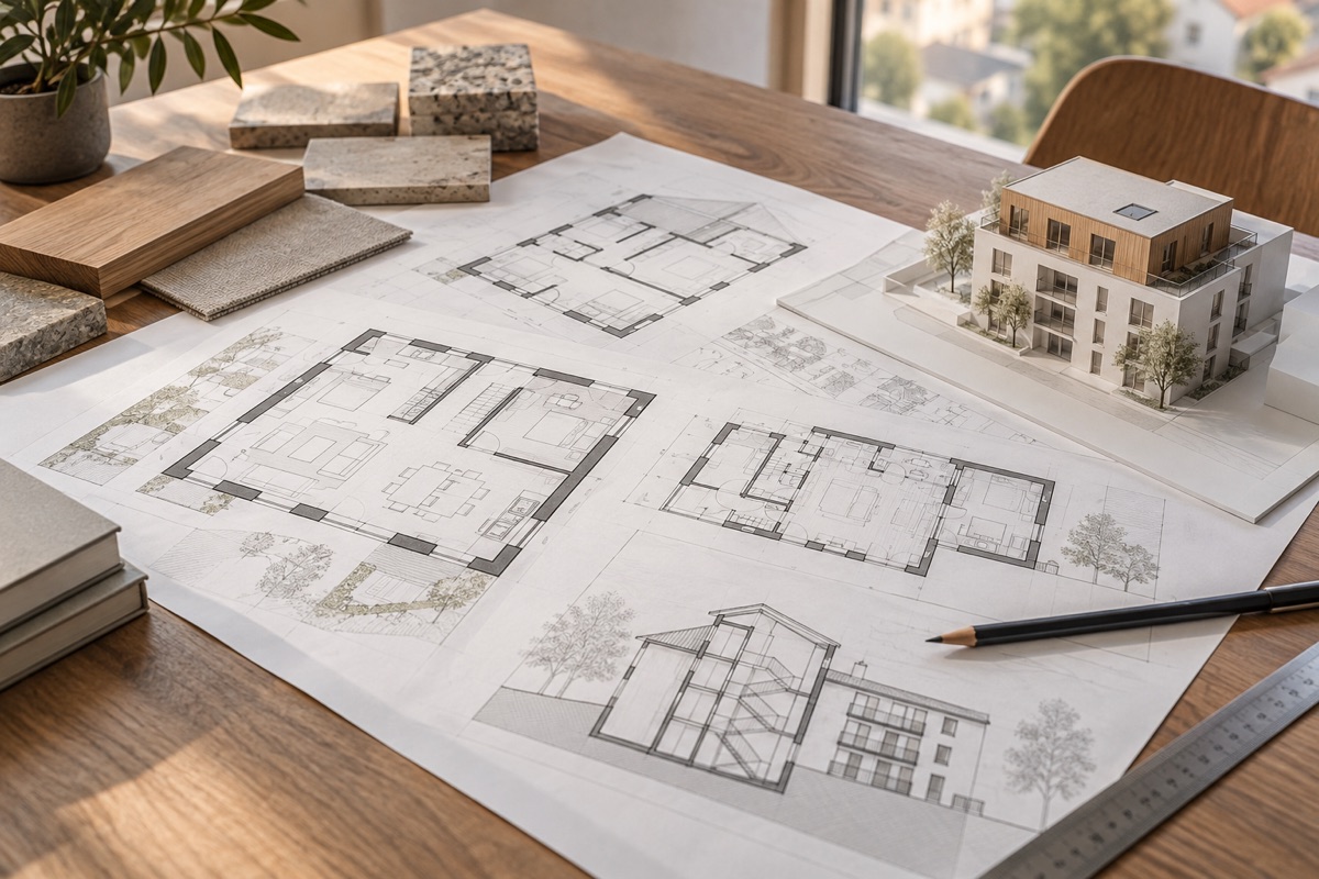 Kornwestheim – Kornwestheim: KI-Illustration von Bauplänen und Materialmustern für Wohnungsbau und Aufstockung | Axel Maisenhelder Architekt Dipl.Ing.(FH), 01711291188 | Umbau, Anbau, Sanierung Kornwestheim: KI-Illustration von Bauplänen und Materialmustern für Wohnungsbau und Aufstockung