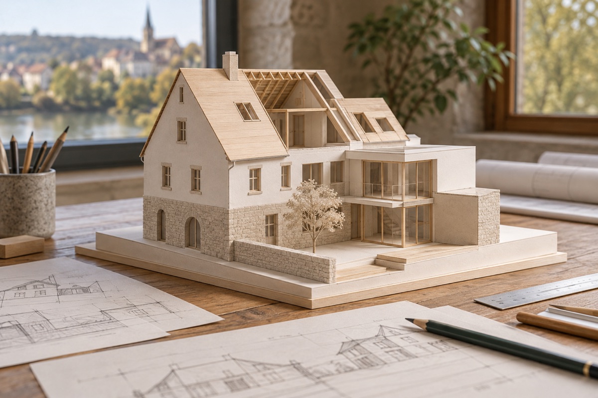 Lauffen am Neckar: KI-Illustration eines Architekturmodells für Altbausanierung und Dachausbau