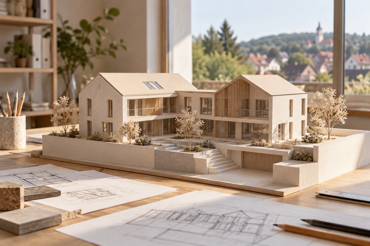 Leingarten: KI-Illustration eines Architekturmodells für Wohnungsbau und Modernisierung