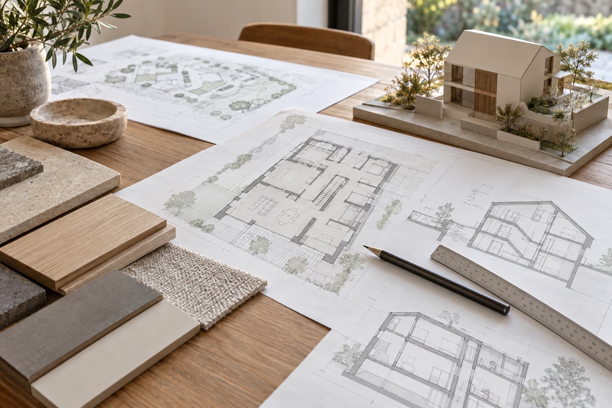 Leingarten: KI-Illustration von Bauplänen und Materialmustern für Wohnungsbau und Modernisierung