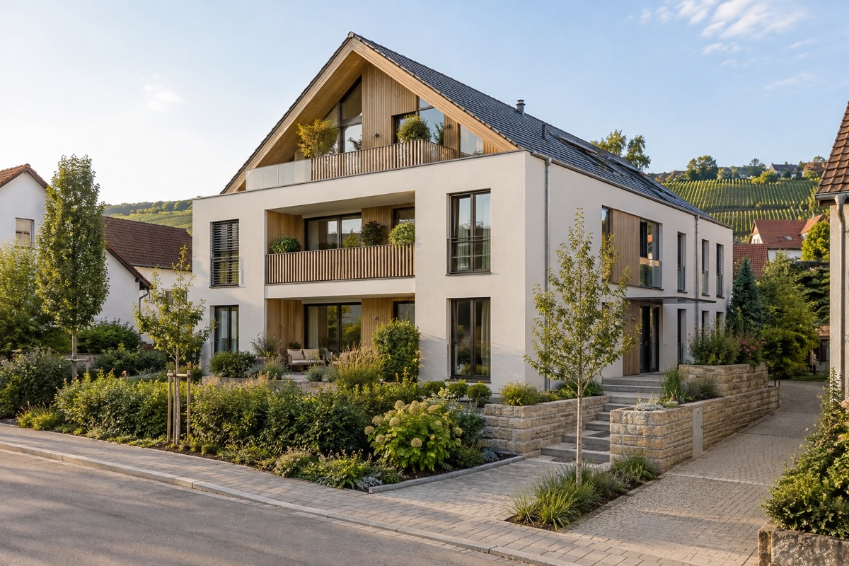 Leingarten: KI-Architekturvisualisierung einer möglichen Umsetzung für Wohnungsbau und Modernisierung