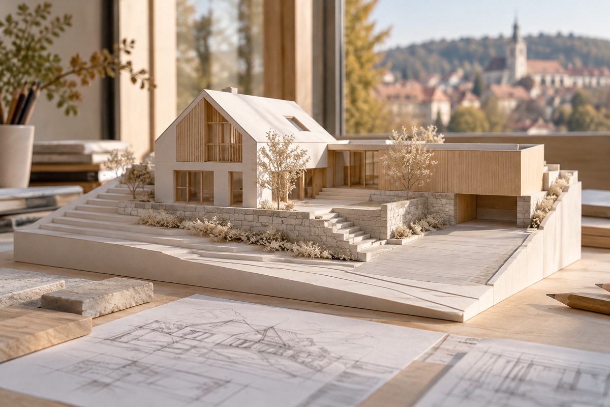 Leonberg: KI-Illustration eines Architekturmodells für Neubau und Erweiterung