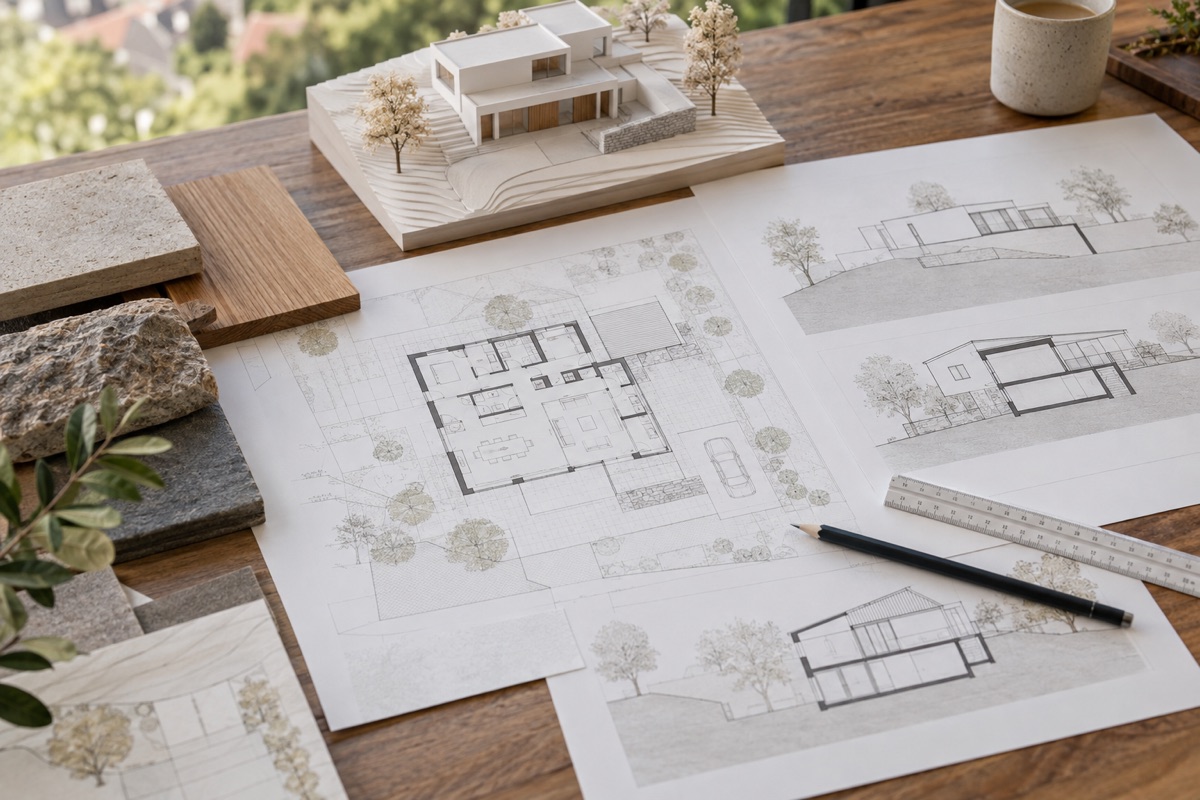Leonberg: KI-Illustration von Bauplänen und Materialmustern für Neubau und Erweiterung