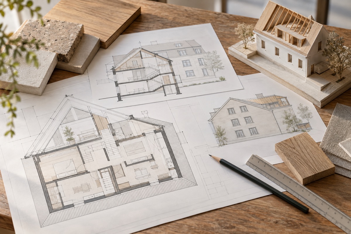 Ludwigsburg – Ludwigsburg: KI-Illustration von Bauplänen und Materialmustern für Sanierung und Dachausbau | Axel Maisenhelder Architekt Dipl.Ing.(FH), 01711291188 | Umbau, Anbau, Sanierung Ludwigsburg: KI-Illustration von Bauplänen und Materialmustern für Sanierung und Dachausbau