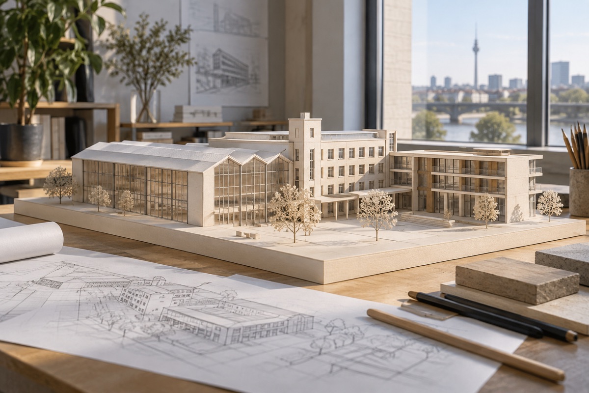 Mannheim: KI-Illustration eines Architekturmodells für Umnutzung und Gewerbeumbau