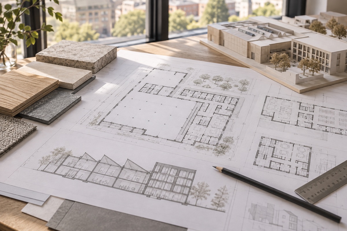 Mannheim: KI-Illustration von Bauplänen und Materialmustern für Umnutzung und Gewerbeumbau