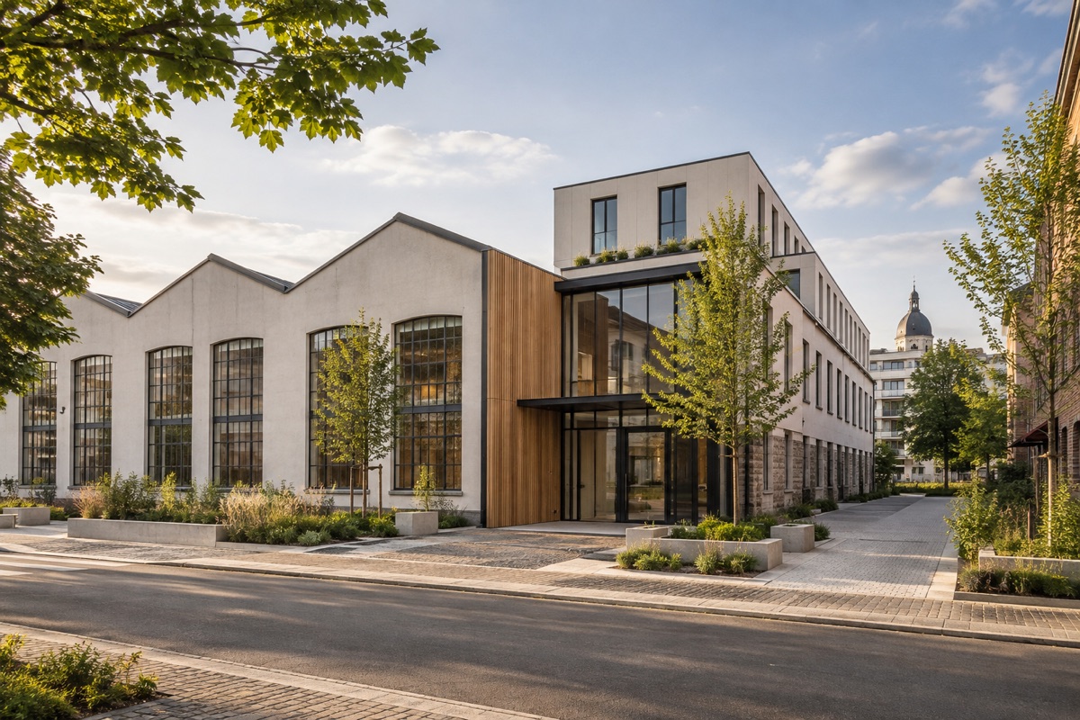 Mannheim: KI-Architekturvisualisierung einer möglichen Umsetzung für Umnutzung und Gewerbeumbau
