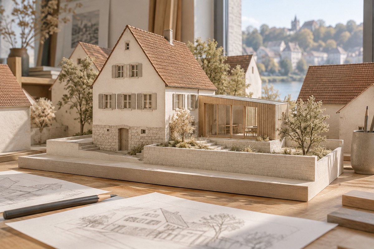 Marbach am Neckar: KI-Illustration eines Architekturmodells für Altbausanierung und Umbau