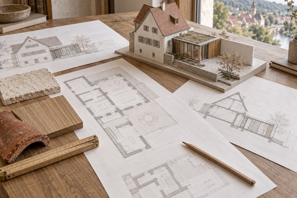 Marbach am Neckar: KI-Illustration von Bauplänen und Materialmustern für Altbausanierung und Umbau