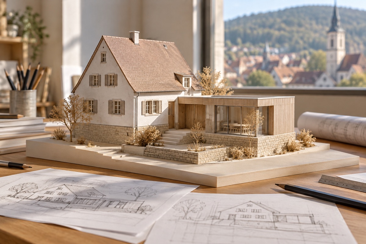Mosbach: KI-Illustration eines Architekturmodells für Altbausanierung und Anbau